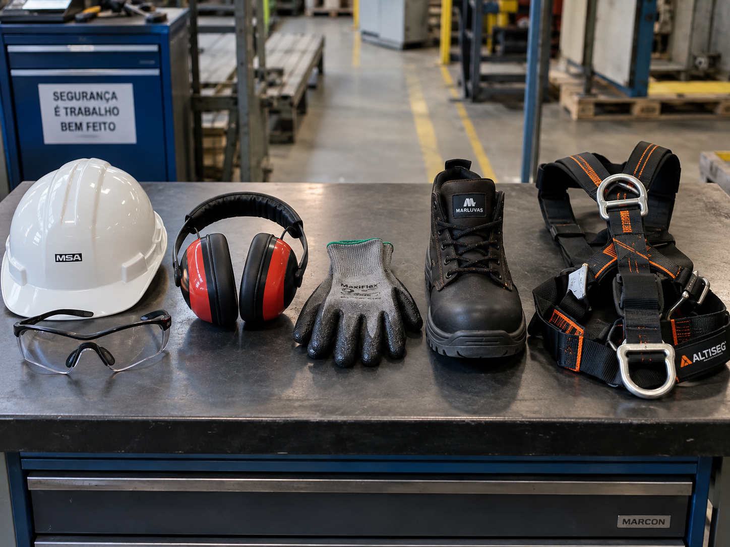 Conjunto de equipamentos de proteção individual organizados sobre uma bancada